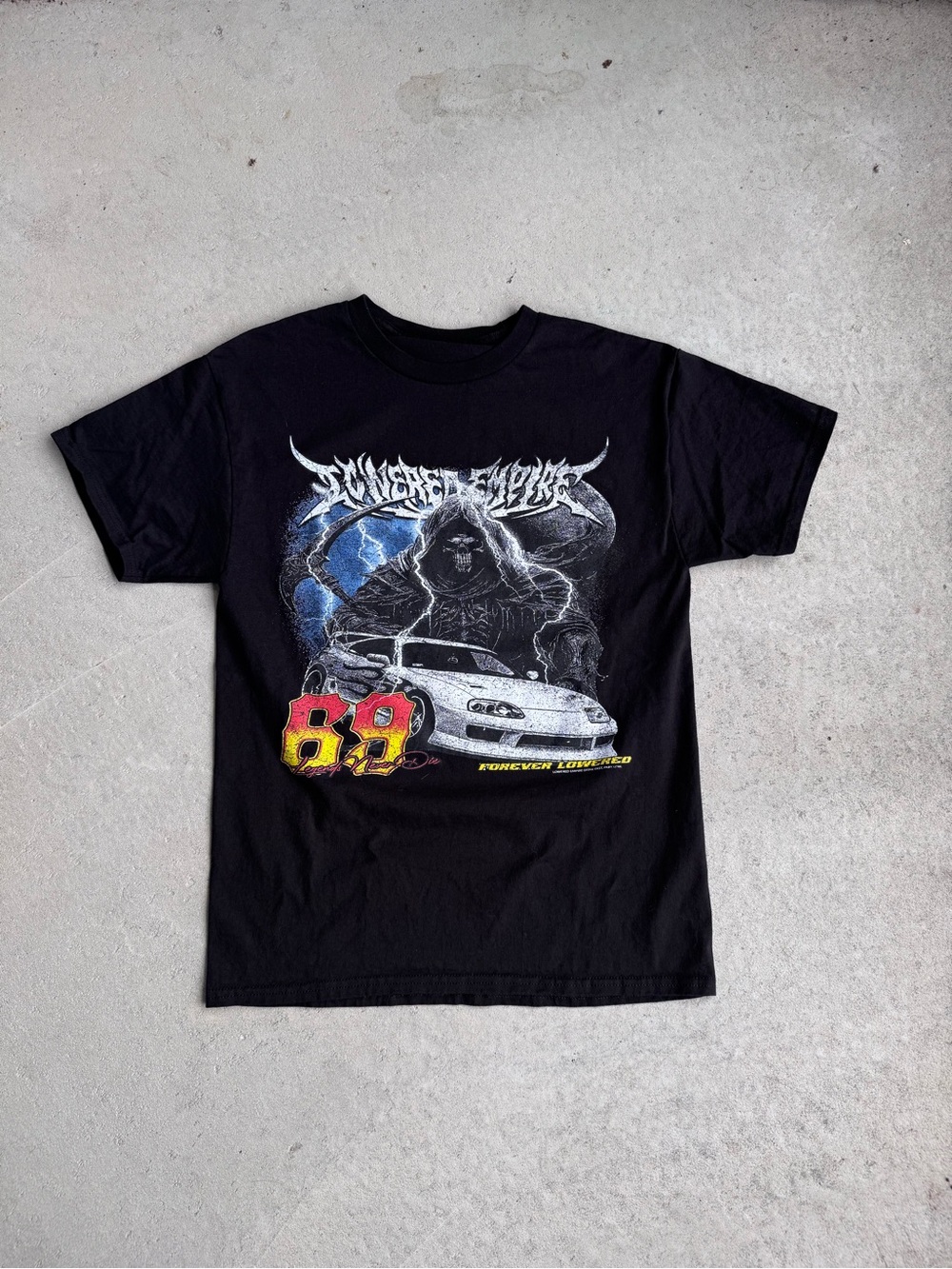 Black Short-Sleeve Graphic Tee with Racing Car and Grim Reaper Artwork